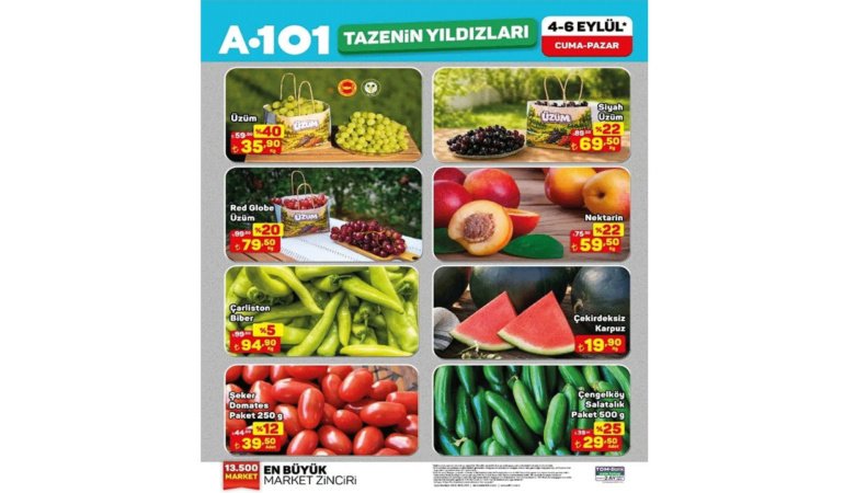 A101 TAZENİN YILDIZLARI KATALOĞU YAYINLANDI! SEBZE-MEYVEDE DEV FIRSATLAR (A101 4-9 EYLÜL)