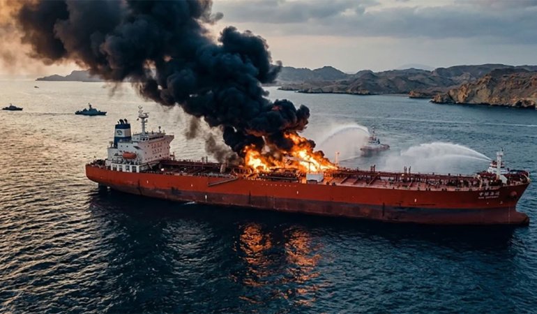 BAE: Basra Körfezi'nde yanan bir petrol tankerindeki 22 kişilik mürettebatı kurtardı