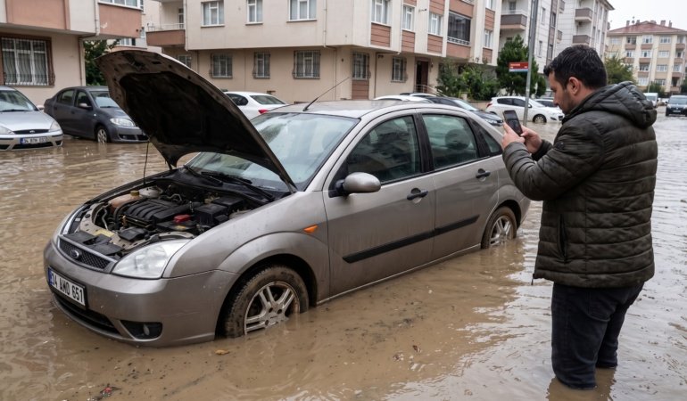 Sel sularının altında kalan araç o tuşa basıldığı anda hurdaya çıkıyor